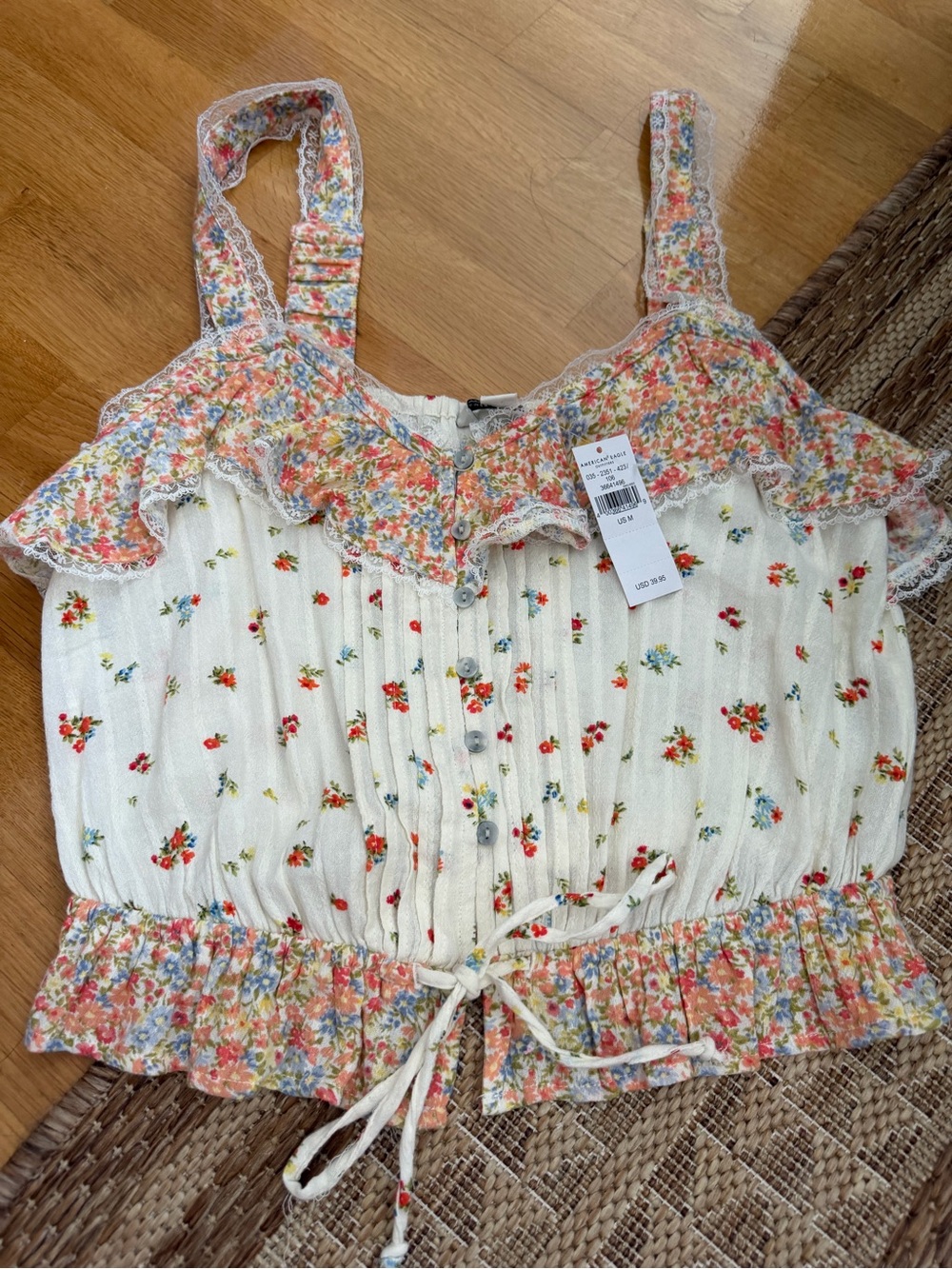 American Eagle Outfitters Cream Floral Ruffle Tank Top